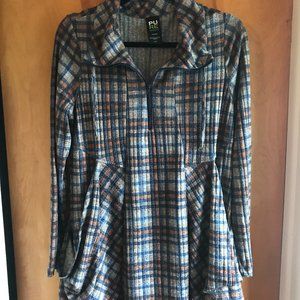 Pure Essence Women's Sz M/M Tan-Blue-Orange Long-Sleeve Plaid Zipper Tunic